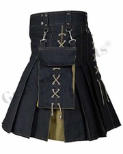 Scottish Fashion Utility Hybrid Kilts For Men Black With Khaki Cotton Pleats