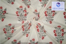 5 Yard Cotton White Hand Block Floral Print Fabric Natural Dyes Indian