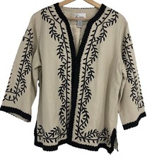 Linea Louis Dell'olio Jacket Womens Large L Tan Cream Black 3/4 Sleeve Linen Nwt