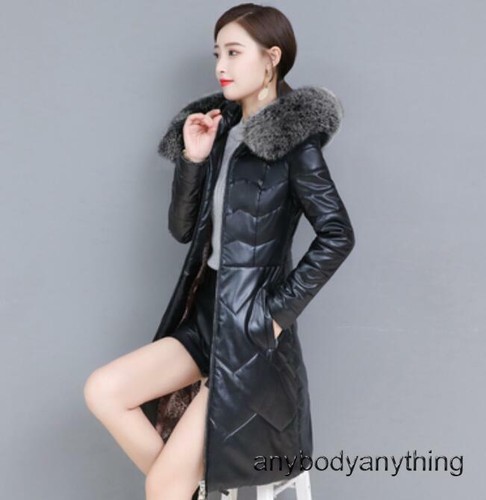 M-7XL Womens Fox Fur Collar Hooded Real Leather Down Jacket Thicken Warm Outwear - Picture 15 of 25