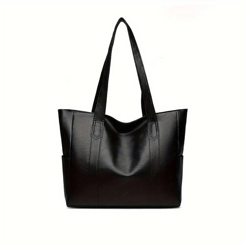 Women's Large Black PU Leather Minimalist Classic Shoulder Tote Bag Handbag Work - Image 2 of 4