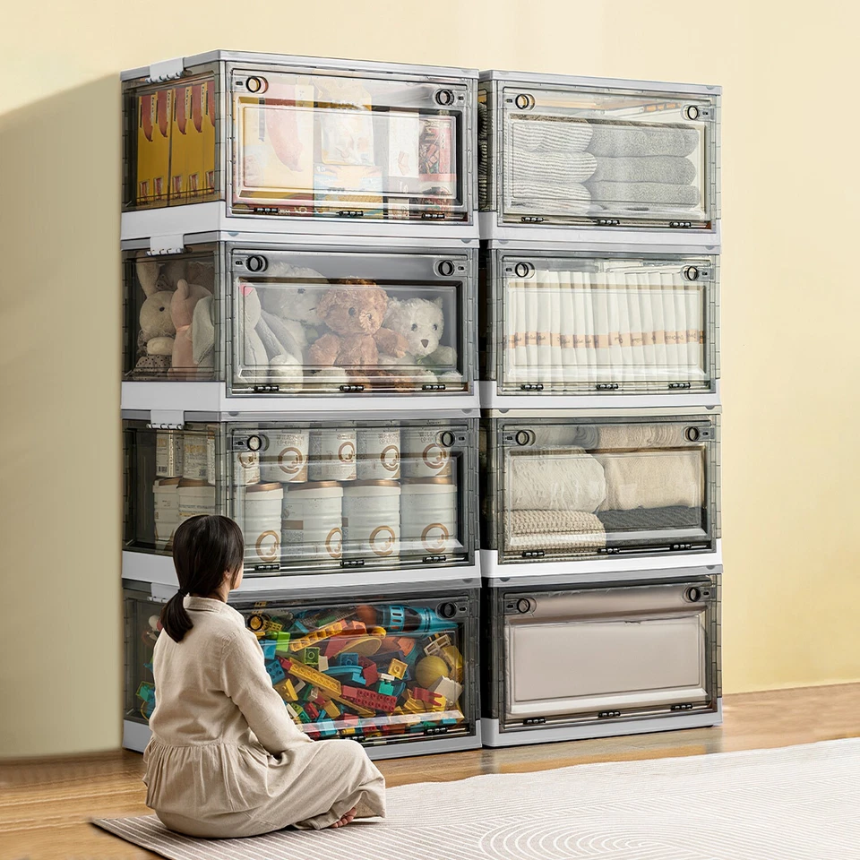 Paquete de 1/8 contenedores de almacenamiento apilables transparentes con tapas puertas magnéticas frente abierto Foto 3 de 4