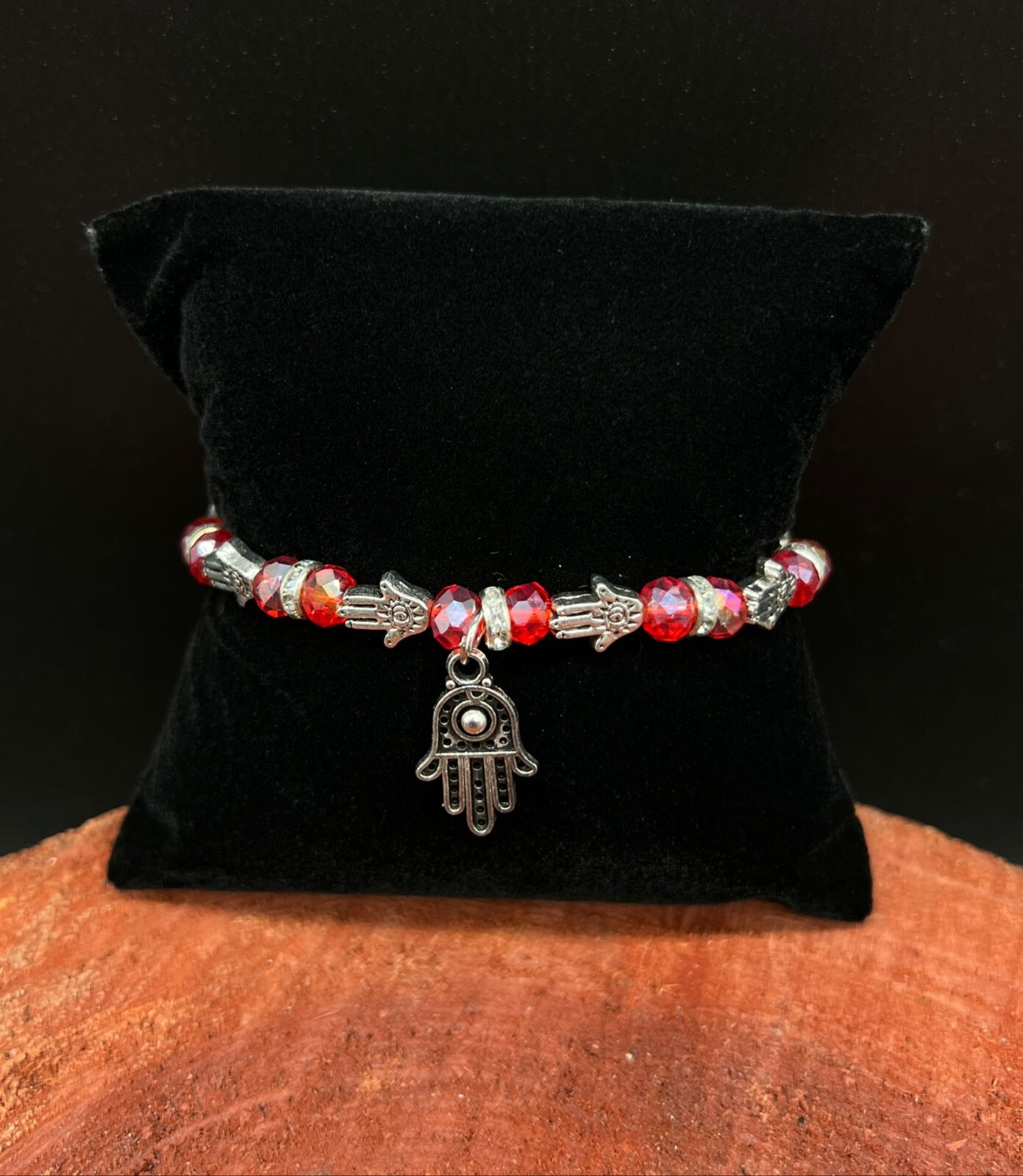 Red Elastic Bracelet with Glass Beads & Fatima Charm for Protection-image