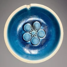 Vintage Signed Atomic Mod MCM Blue Ceramic Ashtray Made In Japan See Repair!