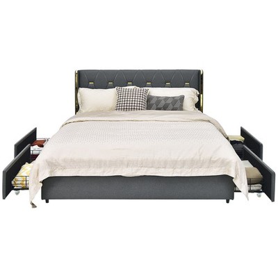 Full Upholstered Bed Frame w/ 4 Rolling Drawers & High Headboard & Legs Grey