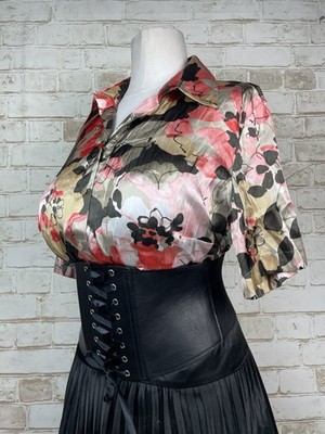 Floral Slippery Shiny Satin Secretary Blouse Sissy Mistress Sz 16 46  Bust CD TV