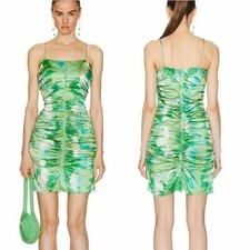 NWT Ganni Lily Green Silk Mini Dress Size 36 or S Satin Ruching Spaghetti Straps