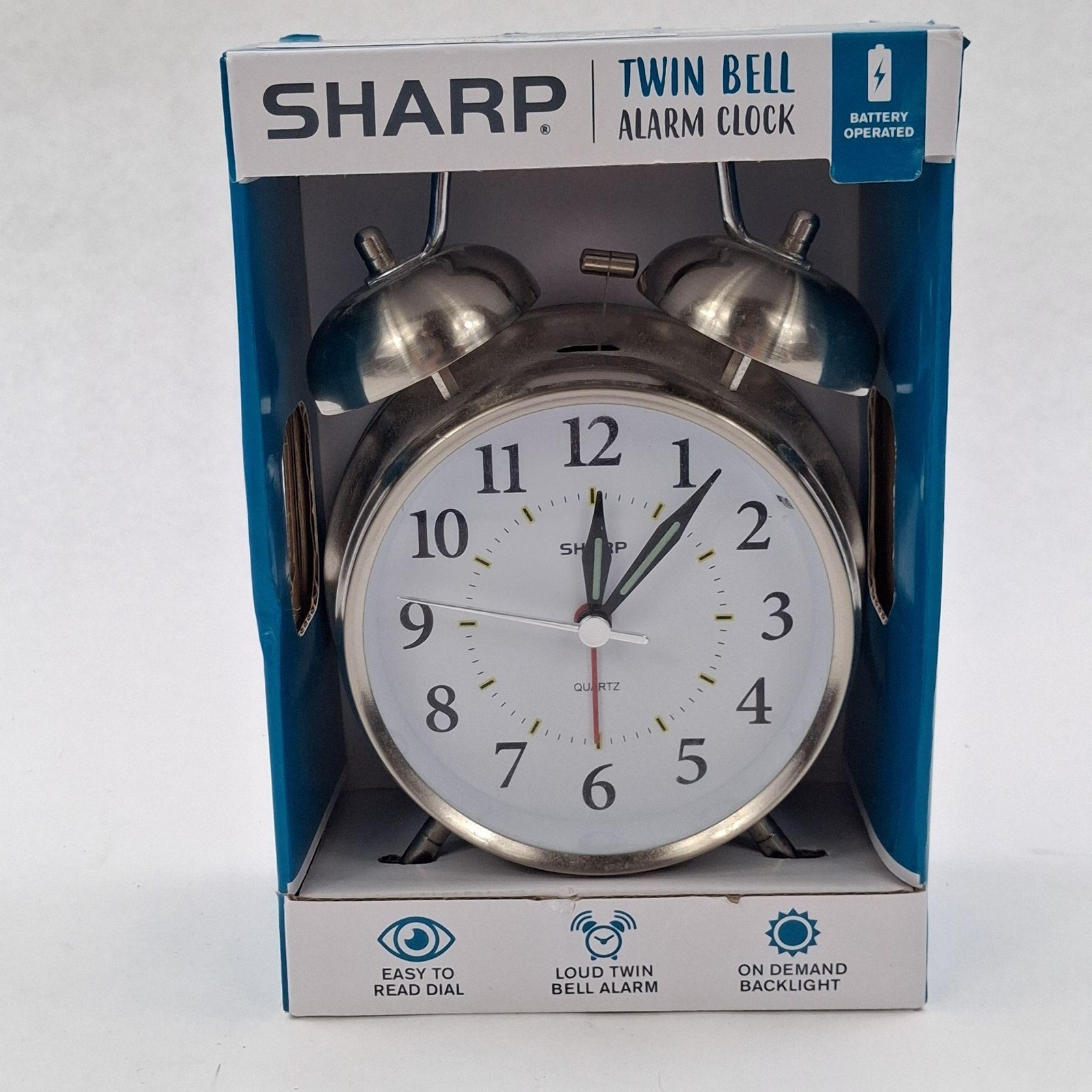 Sharp Silver Twin Bell Alarm Clock Analog Quartz Retro Loud Battery Operated
