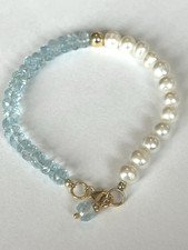 Blau Topaz Armband, 14 K Gelbgold, Zuchtperlen, AAA