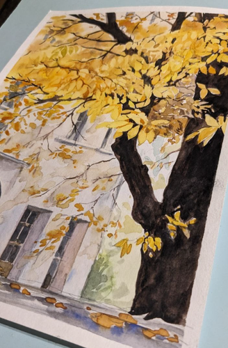 Autumn Cityscape Watercolor Painting Fall Season Town with Golden Tree Artwork - Picture 8 of 9