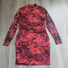 Y2K Asian Whimsigoth Grunge Punk Dress 12 Red Black Bodycon Mesh Sheer Dragon