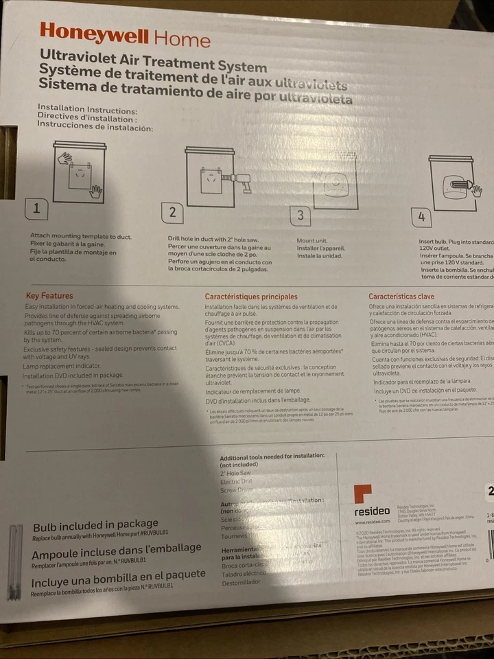 Sistema de tratamiento de aire ultravioleta UV conducto de microdefensa Honeywell RUVLAMP1 HVAC Foto 2 de 2