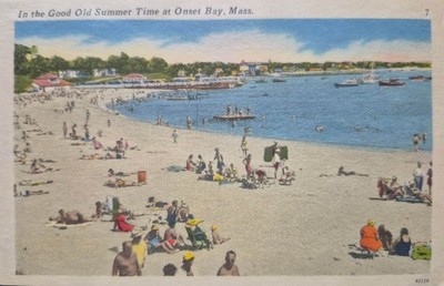 Onset Bay, MA. Good Old Summer Time Beach Scene  - Early Linen Postcard