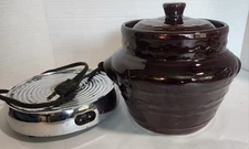 Marcrest Oven Proof Stoneware Bean Pot CROCK Daisy Dot Vtg. USA  Includes HEATER