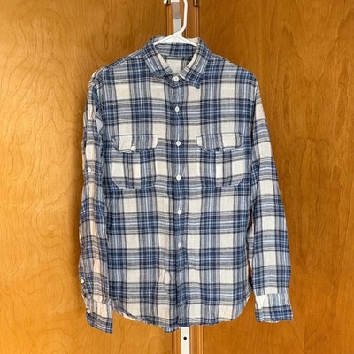 J. Crew Irish Linen Plaid Button Down Shirt Men's Medium Blue White Roll Tab