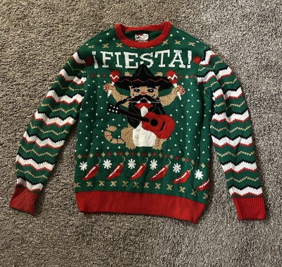 Ugly Christmas Sweater Fiesta Chihuahua Dog Chili Pepper Cat Maraca Guitar Large