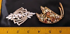 Two HUGE statement brooches pins Emmons & Hobe aurora borealis faceted milk glas