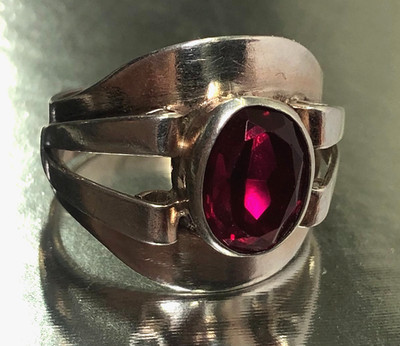 Vintage Soviet Silver Ring 875 USSR Red Synthetic Ruby Star Hallmark