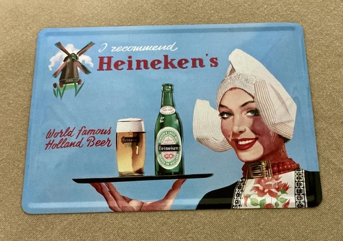 Heineken Metal Postcard Sign Vintage Dutch Girl World Famous Holland Beer Decor