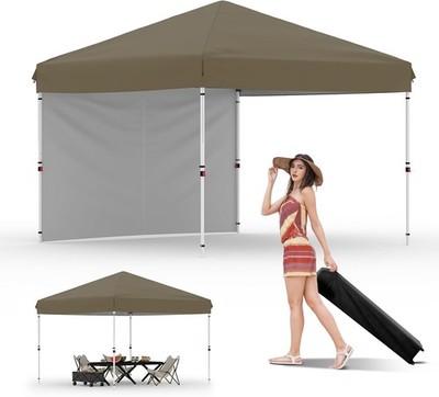 10x10 Ft Pop Up Canopy Tent Sun Shelter Brown with 1Pcs Sidewalls 4 Sandbags