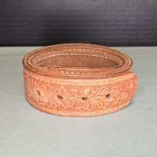 Vintage Tooled Leather Western Belt Brown Floral Acorn Handcrafted Snap On No...