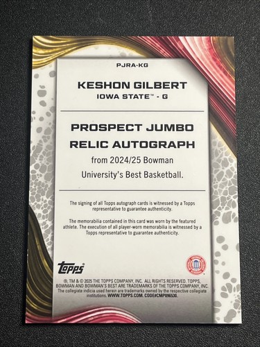 2024-25 Bowman University Best Keshon Gilbert Jumbo Parche Automático #PJRA-KG 3 Colores - Imagen 2 de 2