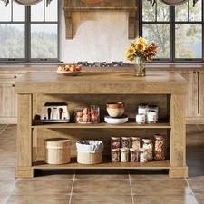 Kitchen Island with Storage, 55-Inch Farmhouse Wooden Stationary Island Table