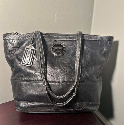 Coach Signature Embossed Black Patent Leather Handbag, Tote, Zip Top, Hang Tag