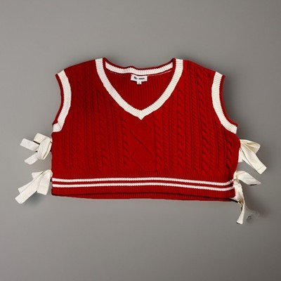 Day + Moon Women's Preppy Red V-neck Sleeveless Bow Cropped Sweater Vest Top L