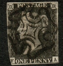 GB  QV 1840 Penny  , (FA)   FINE  Used black Malt.Cross Cancel