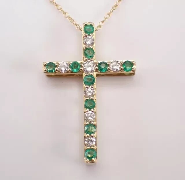 Holy Cross Pendant 2Ct Round Cut Simulated Green Emerald 14k Yellow Gold Plated