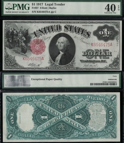 SC 1917 $1 Fr.37 Legal Tender “Sawhorse” - PMG 40 EPQ Extremely Fine (475A) - Picture 1 of 4