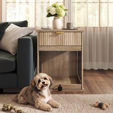 Dog Crate End Table with Charging Station, Wooden Dog Kennel Tempered Glass Door