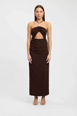 kookai brown halter dress KOOKAI Elsa Brown Cut Out Beaded Halter Maxi Dress NWT RP$260 Size 38 /10AU /6US
