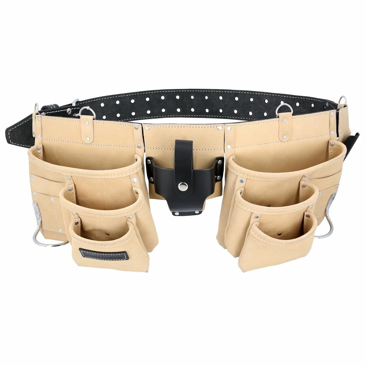 Leather Tool Belt 12 Pocket Pouch with Double Hammer Loop and Leather Belt