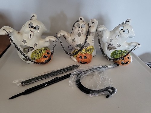 Halloween Ghost Candle Holder Lantern Chain Rattling Garden Stake Set Of Three