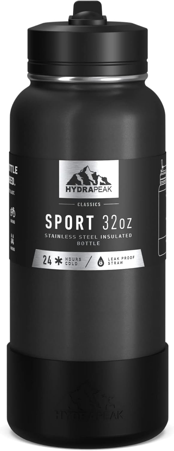 Hydrapeak 32oz Sport Insulated Water Bottle with Straw or Chug Lid, Leak & Spill