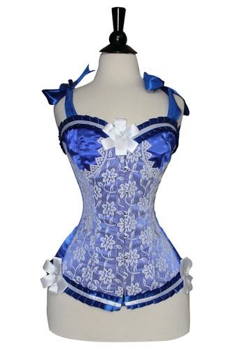 Blau Satin echte Stahlknochen Schnürung hinten weiß Spitze Vollbrust Korsett ~7XL - Bild 3 von 4