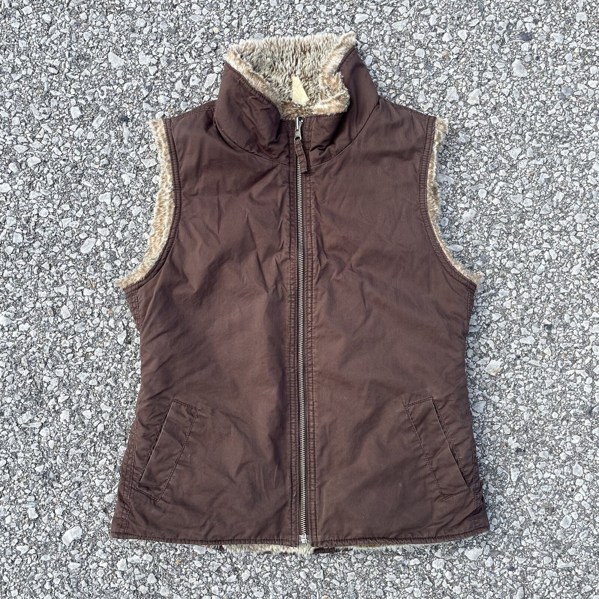 Gap Vest Womens Small Brown Reversible Faux Fur Full Zip Mock 