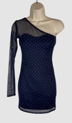 JUMP Women's Juniors' Blue One Shoulder Long Sleeve Rhinestone Mini Dress Sz XS