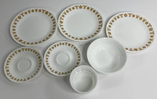 Corelle Butterfly Gold Lot 7 Salad Plates, Saucers, Cereal & Sugar Bowl