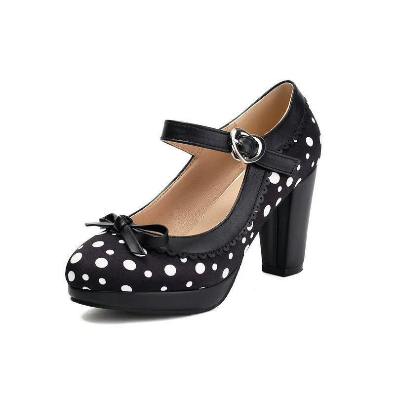 Zapatos con correa al tobillo a lunares para mujer Zapatos de tacón bloque Informales Vestido Fiesta Oficina Bombas Foto 4 de 4