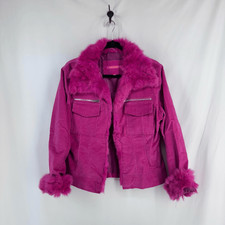 Vintage Y2k Jennyfer J Fuchsia Hot Pink Fur Trimmed Corduroy Jacket Size L