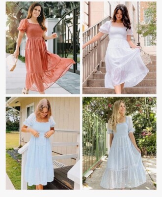 Merokeety L White Smocked Short Puff Sleeve Dress Tiered Midi