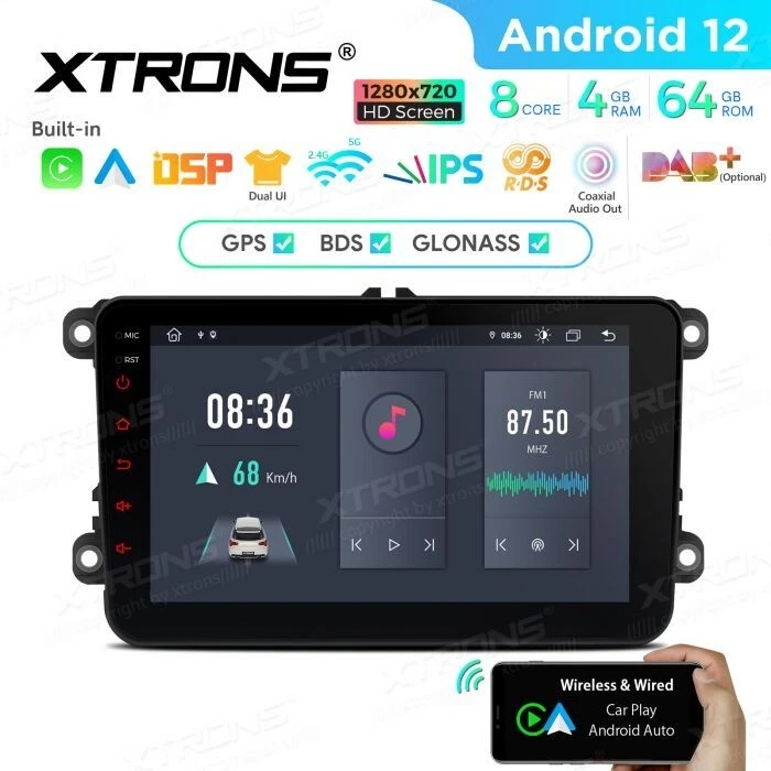 AUTORADIO ANDROID 12 4/64GB STEREO AUTO VOLKSWAGEN SEAT SKODA GOLF POLO XTRONS - Immagine 2 di 4