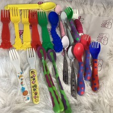 Toddler Utensil Lot Of 21 Plastic  Metal Handles Forks And Spoons Childrens 65