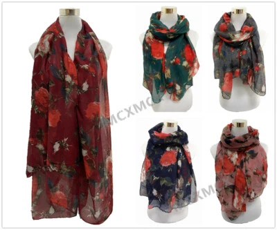 Soft Long Big Red Rose Flower Print Pattern Shawl Scarf Warp Stole