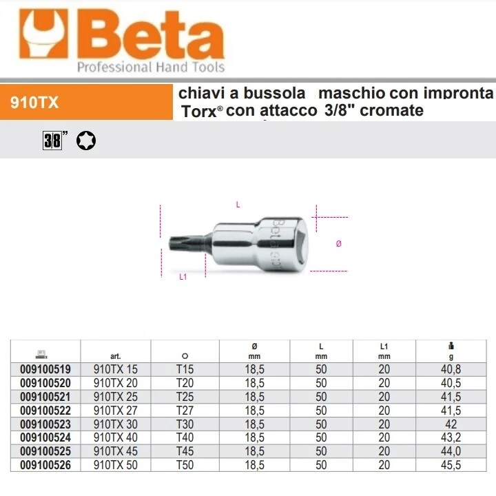 BETA 910TX CHIAVI A BUSSOLA MASCHIO IMPRONTA TORX® ATTACCO 3/8" CROMATE - Immagine 3 di 3