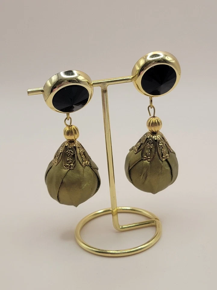 Pendientes colgantes vintage de bola envueltos en cuero dorado 70 mm Foto 2 de 3