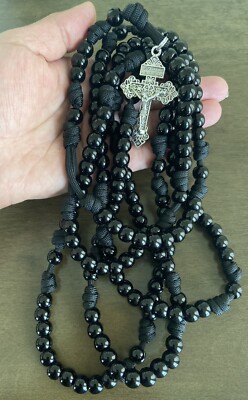 15 Decade Catholic Rosary, Black Beads Rosary, Durable Paracord Rosary